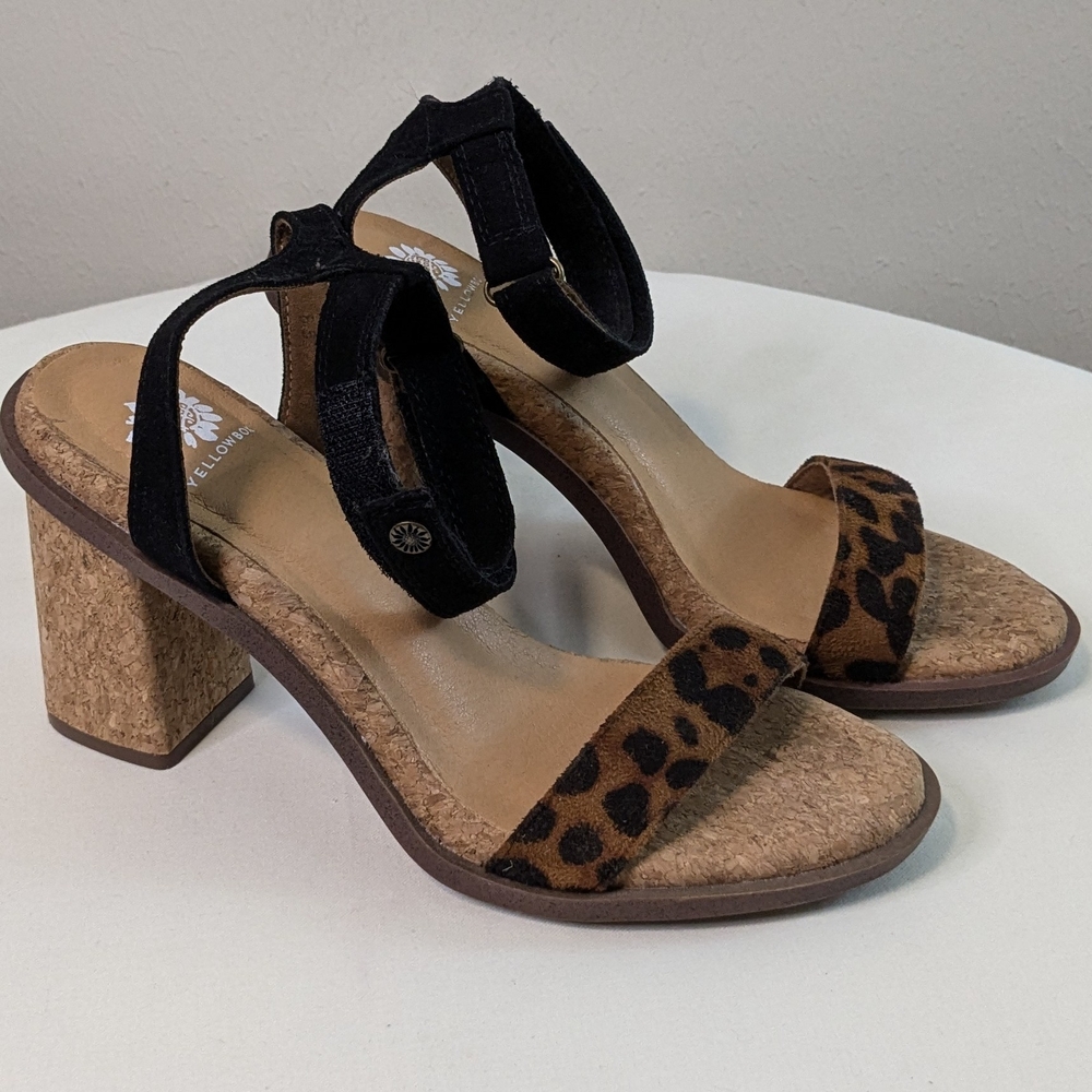 Yellow Box Leopard Cork  Chunky Heel Caikos Adjustable Strap Sz 8.5 Shoes EUC